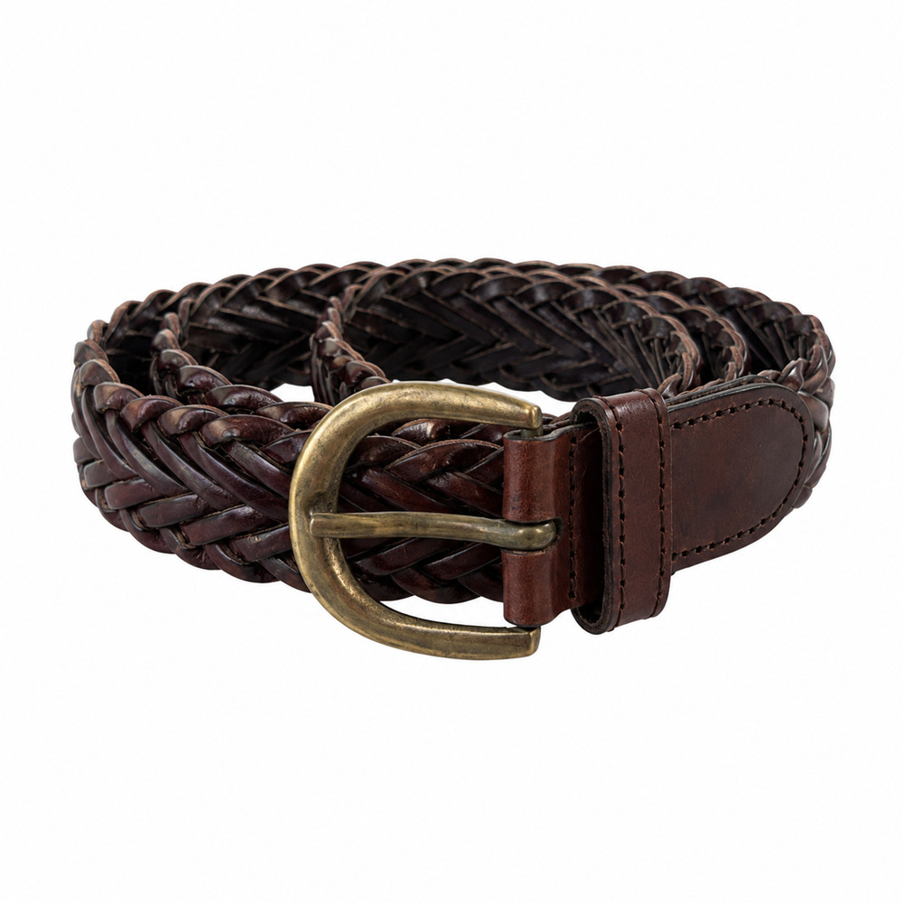Brown Braided Genuine Leather Belt Size S/M 34.5” Brass Tone Buckle Boho Western